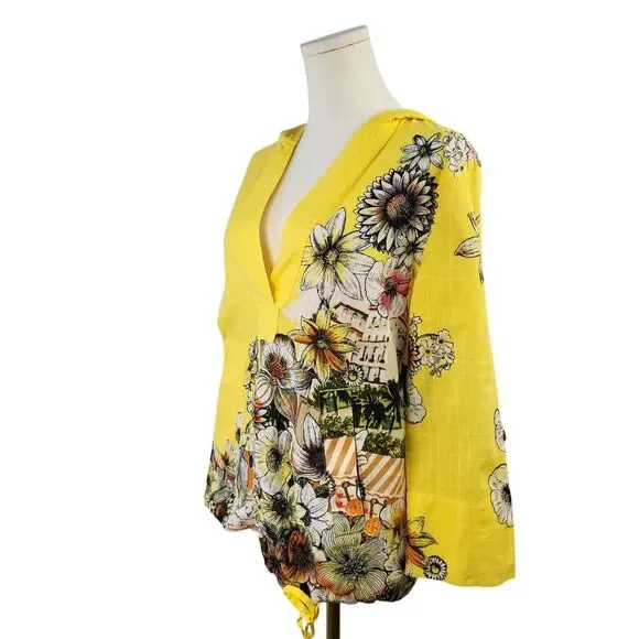 Chico’s Size 1 Medium Yellow Floral 100% Cotton Hoodie Roll Tab Sleeves Pockets - Picture 4 of 14